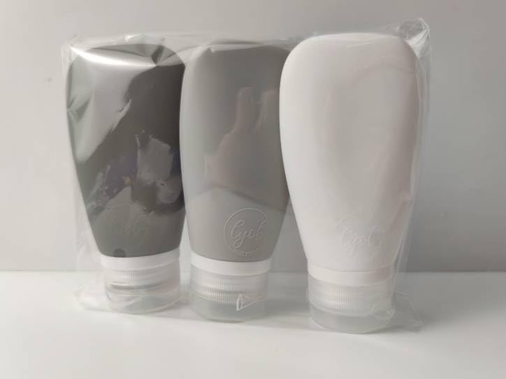 Travel Bottles for Toiletries, TSA Approved 3oz (90ml) Leak Proof Silicone Refillable Squeeze Travel Size Containers BPA Free for Cleansers, Lotions, Shampoo 3-pk (Black-Gray-White)