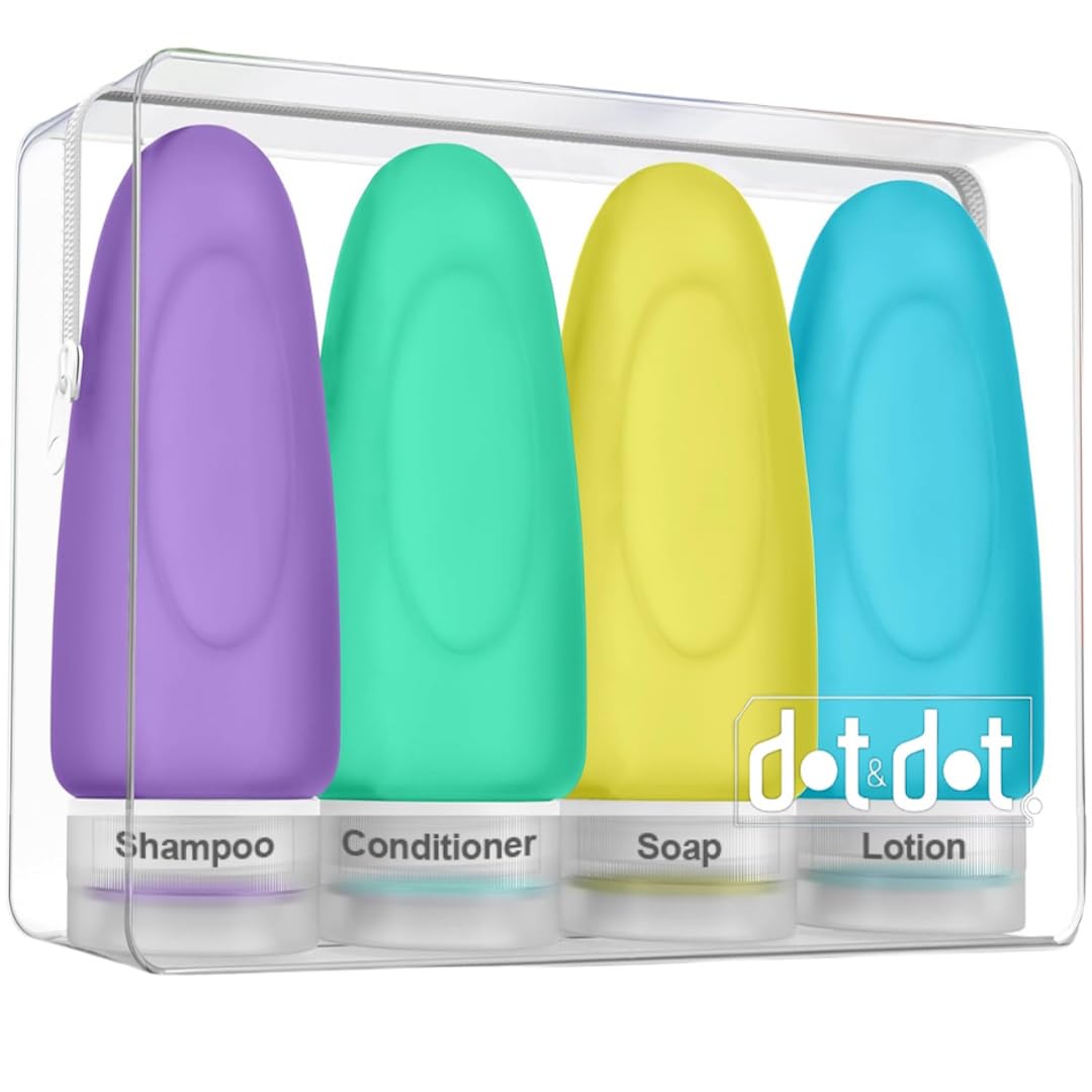 Dot&Dot Leak Proof Travel Bottles - Tubes for Liquid TSA Approved 3oz Silicone Toiletries Travel Shampoo & Conditioner Containers with Labels
