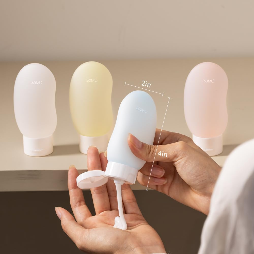 Silicone Travel Bottles, TSA Approved Travel Size for Toiletry 2oz | Ergonomic Grip, Leak-Proof, Refillable, Compact and Portable, Sets with Labels, Suitable for Toiletries, Kidney-Shaped