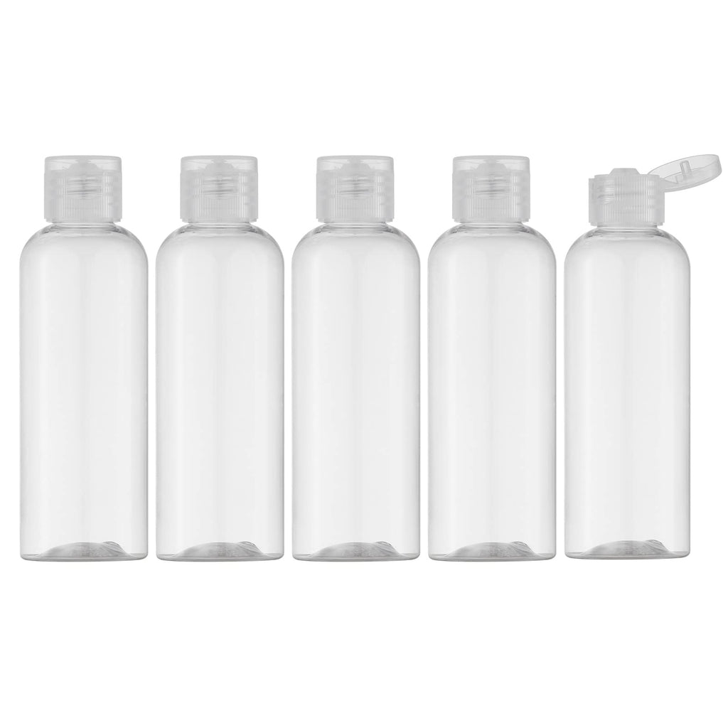 LISAPACK 3.4 oz Travel Bottles for Toiletries, Plastic Shampoo Containers | 5pcs small size dispenser, clear squeeze tubes, leak proof, small empty for liquid, lotion, conditioner, soap, 100 ml, TSA