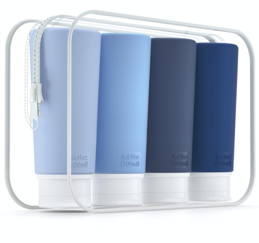 TakeToday Travel Bottles for Toiletries 3.4oz 4 Pack, TSA Leak Proof | BPA Free, Leak Guard, Clear Pouch, 4 Colors Available, for Travel and Gym