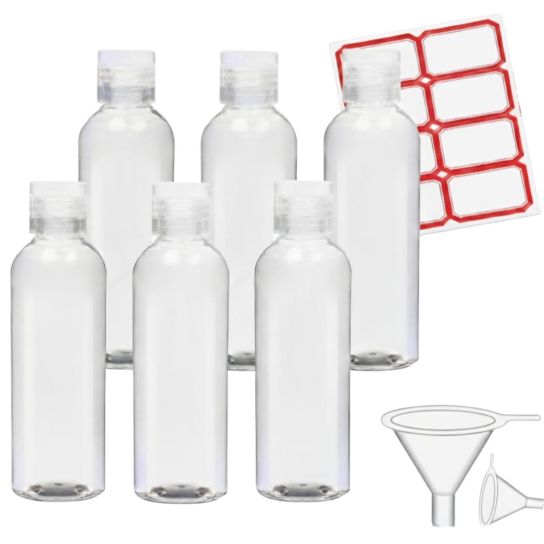 6 Pack Travel Bottles - Travel Containers for Toiletries - TSA Approved Size - Refillable Empty Plastic Bottles with 2 Labels, Funnels & Carry Bag - For Shampoo, Lotion, Conditioner, Sanitizer - 3.4oz