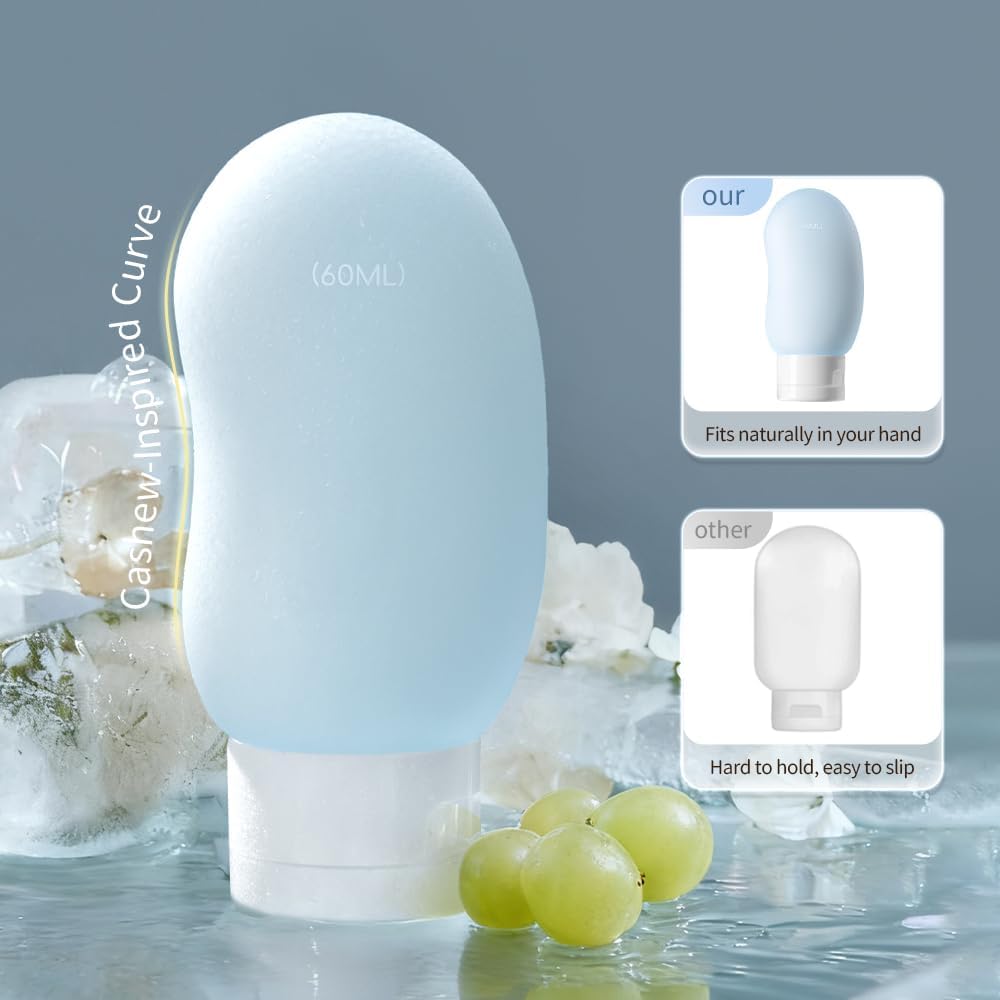 Silicone Travel Bottles, TSA Approved Travel Size for Toiletry 2oz | Ergonomic Grip, Leak-Proof, Refillable, Compact and Portable, Sets with Labels, Suitable for Toiletries, Kidney-Shaped