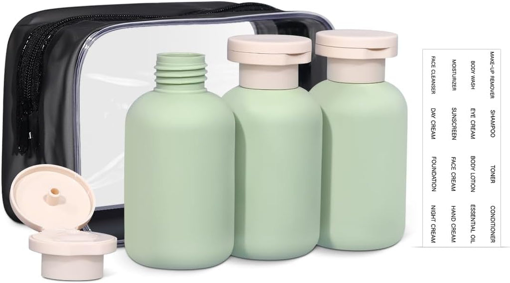 ASEVAT3.4oz 3Pcs Green Plastic Refillable Travel Shampoo and Conditioner Bottles Plastic Refillable Travel Shampoo Bottles with Flip Cap Shampoo and Conditioner Dispenser