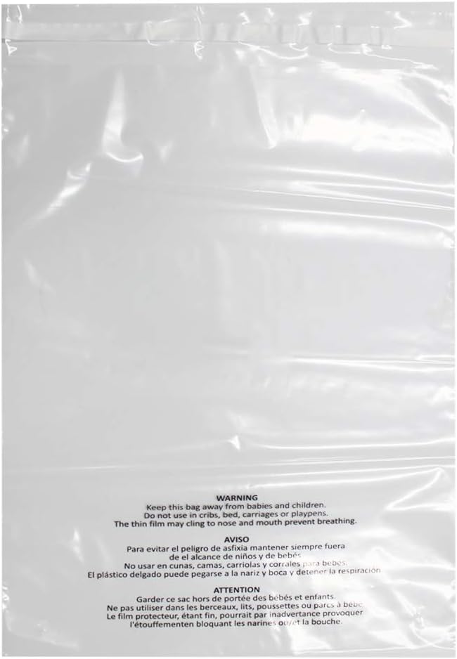 200 Count 12x15 Inch Self Seal Clear Poly Bags | with Suffocation Warning for Packaging Clothing, T Shirts, Decorative Wrappers and More with Permanent Adhesive (1.5mil)