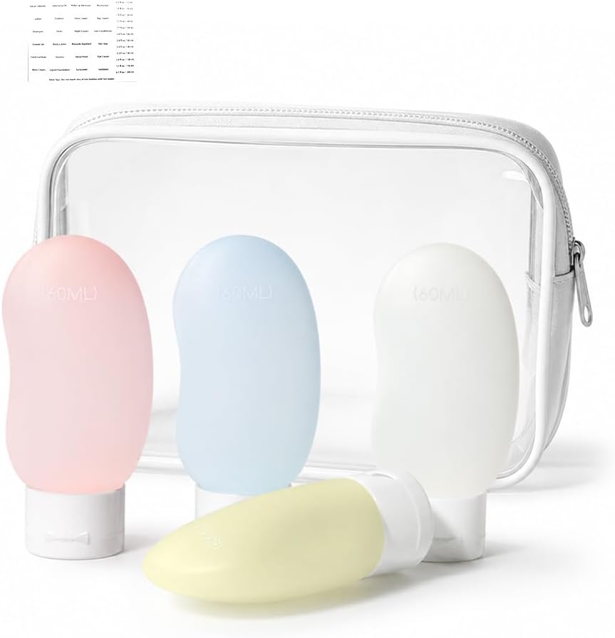 Silicone Travel Bottles, TSA Approved Travel Size for Toiletry 2oz | Ergonomic Grip, Leak-Proof, Refillable, Compact and Portable, Sets with Labels, Suitable for Toiletries, Kidney-Shaped