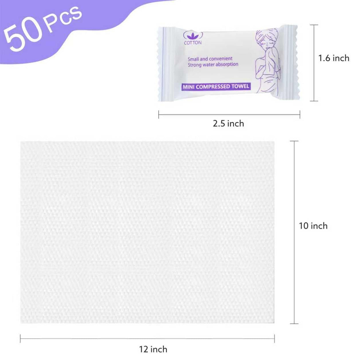 Disposable Compressed Face Towels, 50 Pcs Individually Wrapped, Pure Cotton Travel Washcloths 11.8 x 9.5 in, Soft & Lint-Free, Portable for Travel & Business Trips