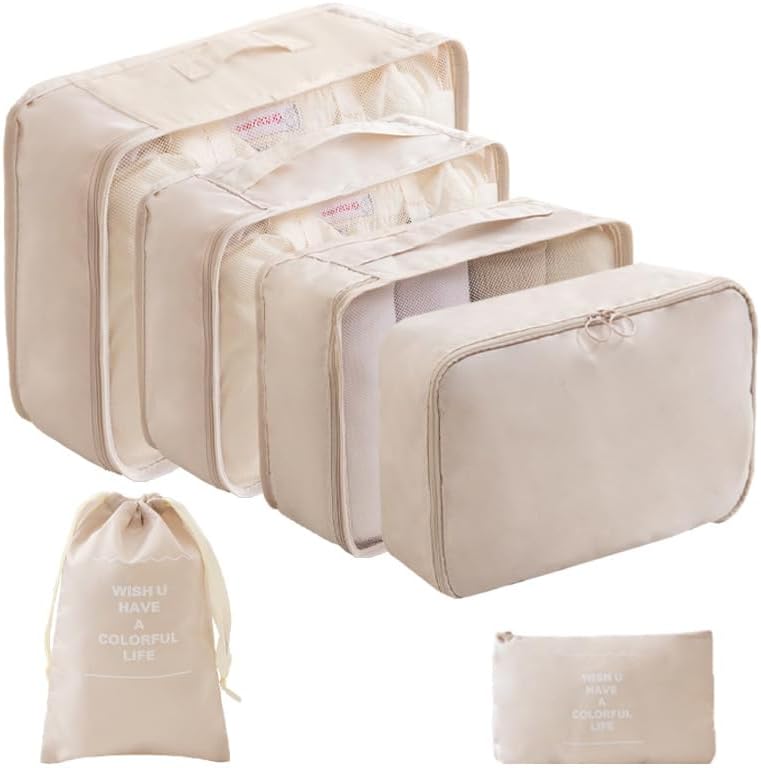 LANSKLBD 6/8 Set Packing Cubes for Suitcases Travel Luggage Packing Organizers,Travel Accessories Essentials Luggage Organizer with Shoe/Tioletry/Laundry Bag (Beige, 6 set)