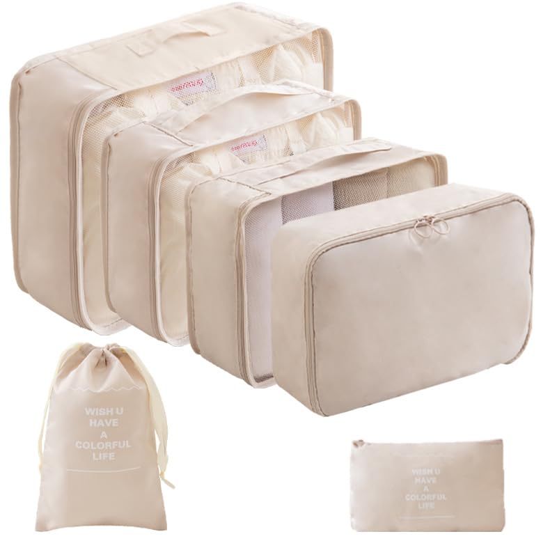 LANSKLBD 6/8 Set Packing Cubes for Suitcases Travel Luggage Packing Organizers,Travel Accessories Essentials Luggage Organizer with Shoe/Tioletry/Laundry Bag (Beige, 6 set)