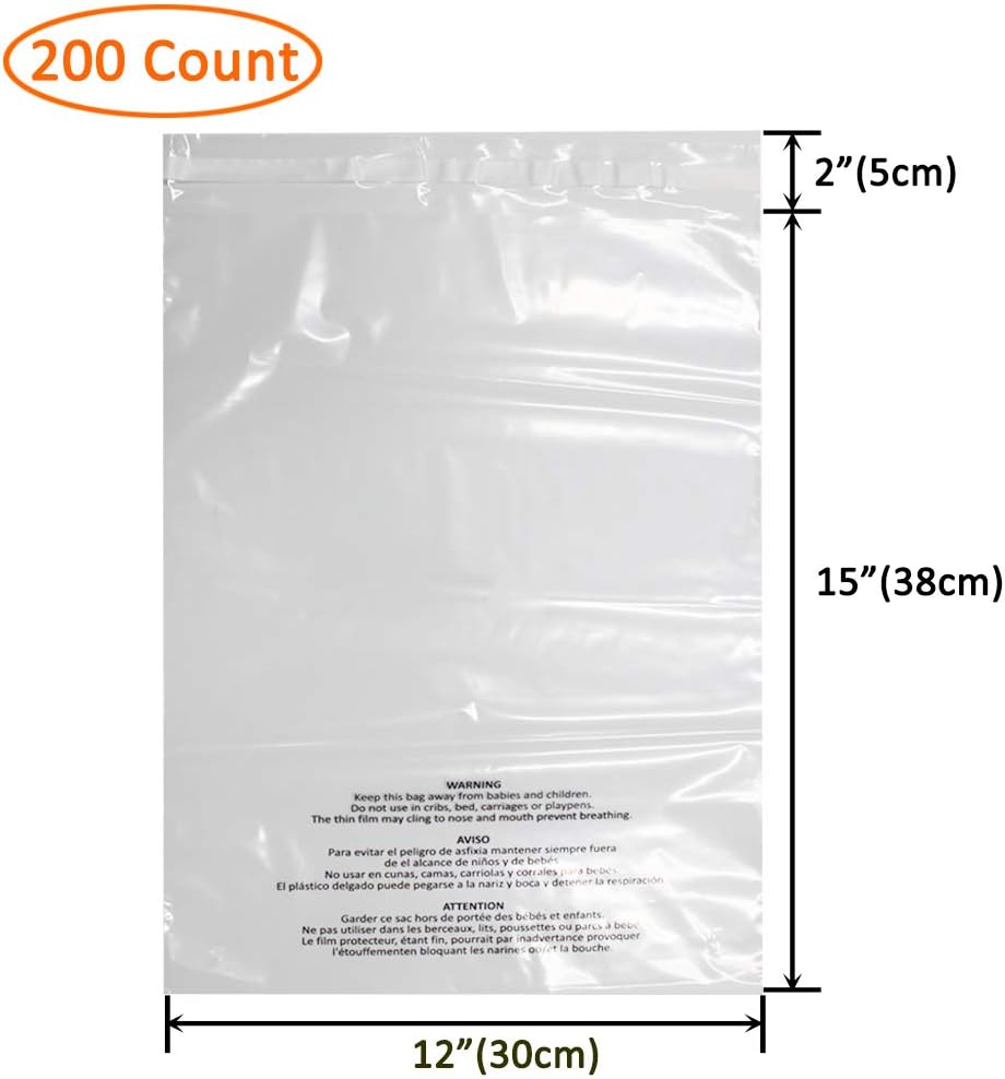 200 Count 12x15 Inch Self Seal Clear Poly Bags | with Suffocation Warning for Packaging Clothing, T Shirts, Decorative Wrappers and More with Permanent Adhesive (1.5mil)
