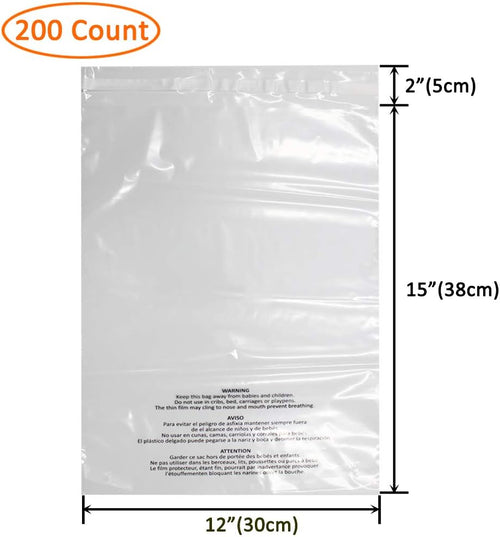 200 Count 12x15 Inch Self Seal Clear Poly Bags | with Suffocation Warning for Packaging Clothing, T Shirts, Decorative Wrappers and More with Permanent Adhesive (1.5mil)