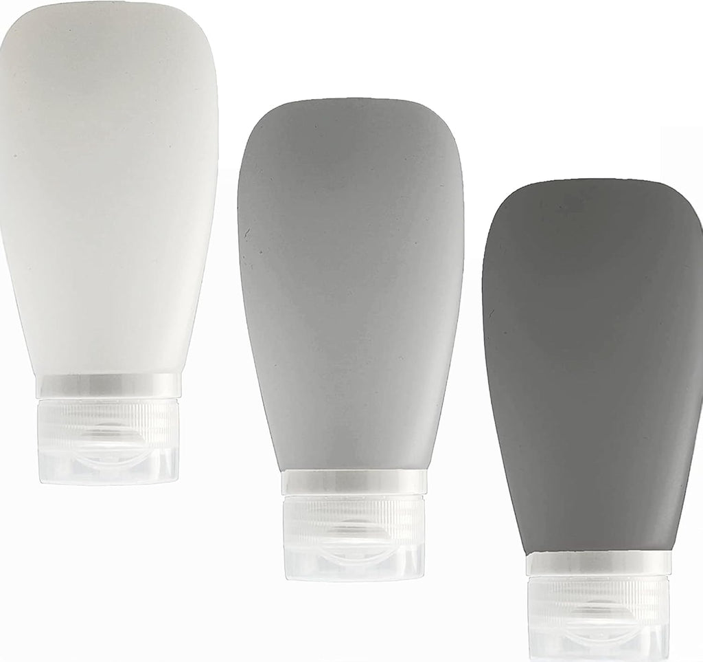 Travel Bottles for Toiletries, TSA Approved 3oz (90ml) Leak Proof Silicone Refillable Squeeze Travel Size Containers BPA Free for Cleansers, Lotions, Shampoo 3-pk (Black-Gray-White)