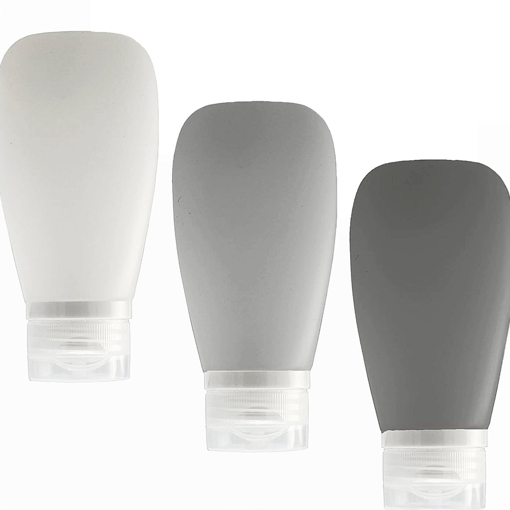 Travel Bottles for Toiletries, TSA Approved 3oz (90ml) Leak Proof Silicone Refillable Squeeze Travel Size Containers BPA Free for Cleansers, Lotions, Shampoo 3-pk (Black-Gray-White)