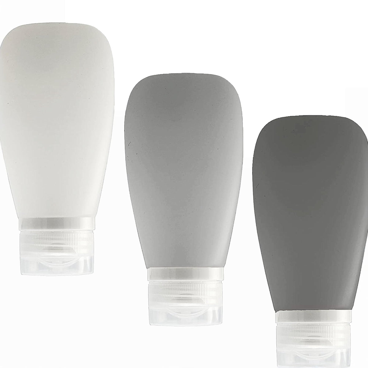 Travel Bottles for Toiletries, TSA Approved 3oz (90ml) Leak Proof Silicone Refillable Squeeze Travel Size Containers BPA Free for Cleansers, Lotions, Shampoo 3-pk (Black-Gray-White)