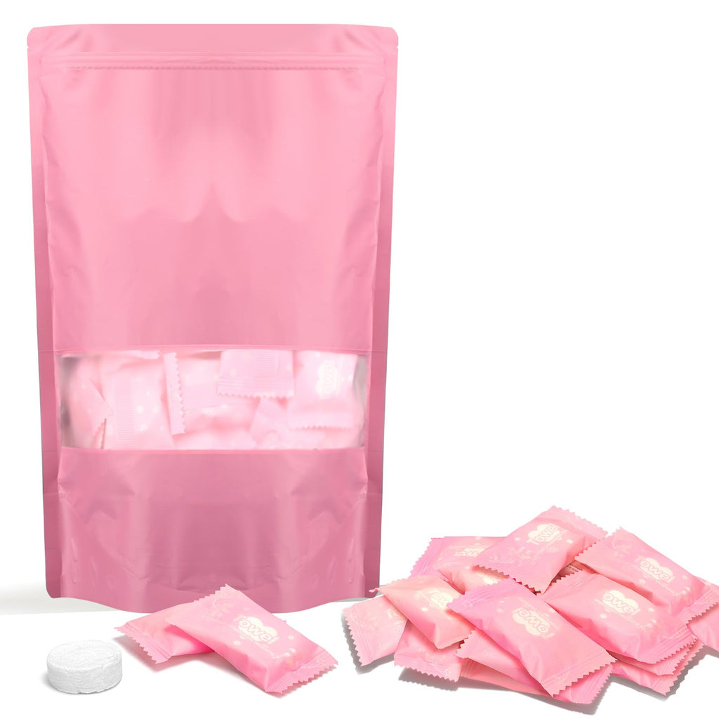 Classycoo Compressed Towels Tablets - Face Towels Disposable, Mini 100 Pack | Soft Individually Wrapped, Cotton, Expands in Seconds, Candy-Shaped, NO-Odor, Facial Washcloths Cleaning/Travel/Camping, Pink