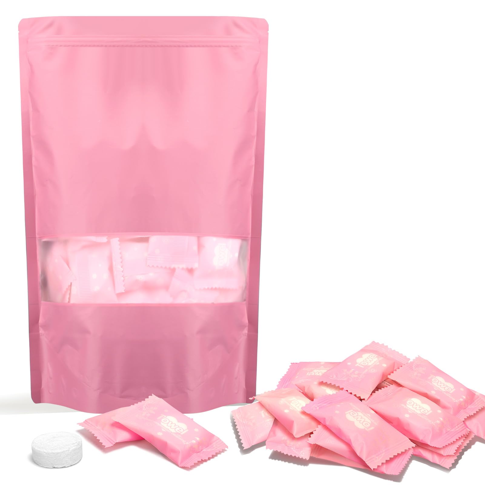 Classycoo Compressed Towels Tablets - Face Towels Disposable, Mini 100 Pack | Soft Individually Wrapped, Cotton, Expands in Seconds, Candy-Shaped, NO-Odor, Facial Washcloths Cleaning/Travel/Camping, Pink