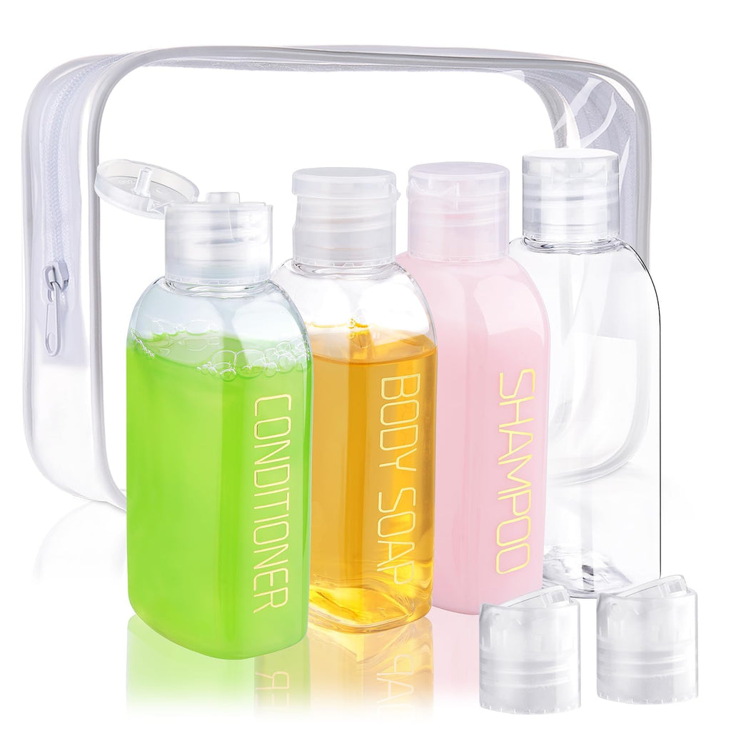 Cosywell 4 Pack 3.4 oz Preprinted Travel Bottles for Toiletries | Brown Bottles are Preprinted with SHAMPOO, CONDITIONER and BODY SOAP, One is Blank, Includes Flip Caps and a Toiletry Bag