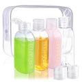 Cosywell 4 Pack 3.4 oz Preprinted Travel Bottles for Toiletries | Brown Bottles are Preprinted with SHAMPOO, CONDITIONER and BODY SOAP, One is Blank, Includes Flip Caps and a Toiletry Bag
