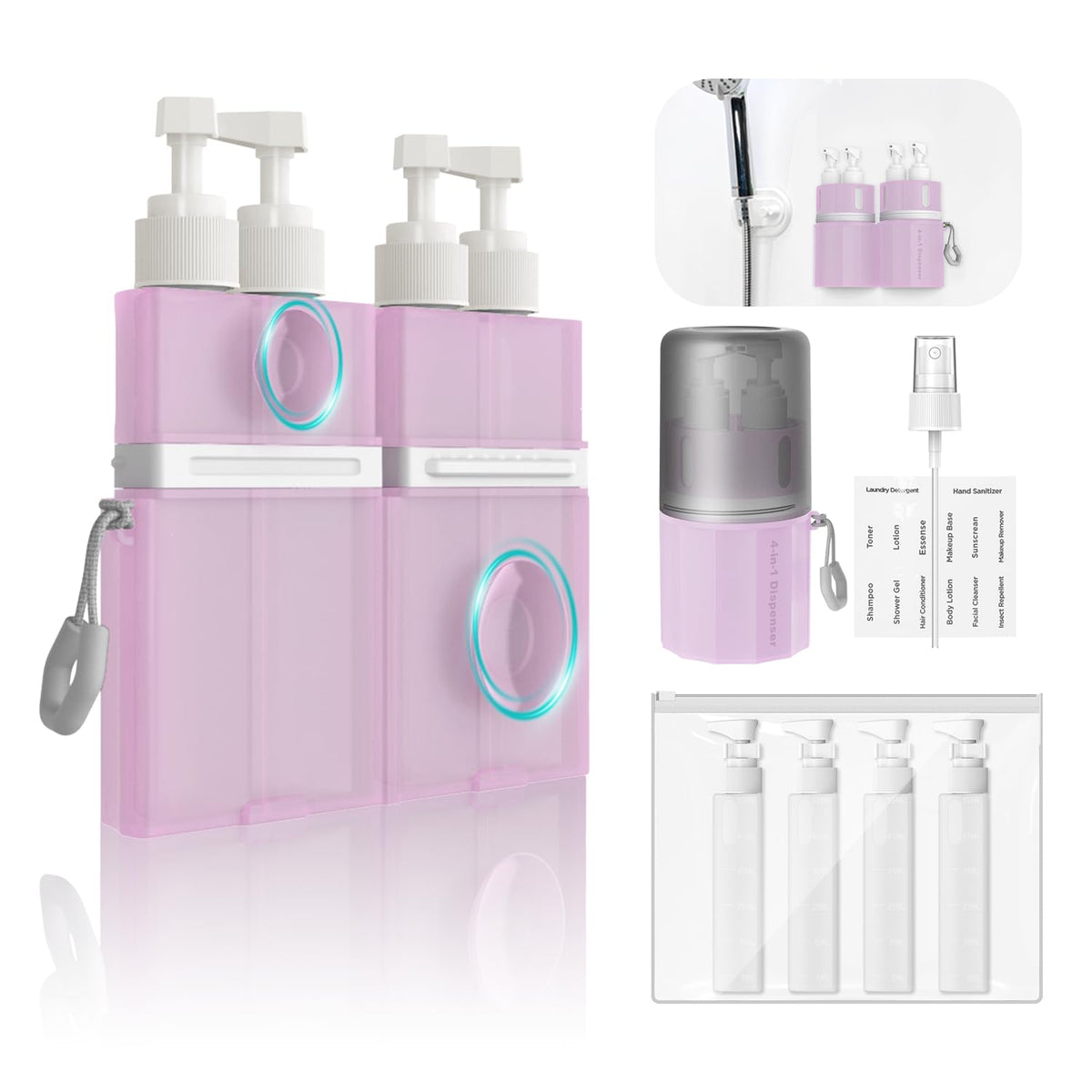 YOTIME 4in1 Travel Dispenser Bottle, TSA Approved Travel Size Containers | TSA Approved, Vacuum Suction for Smooth Walls, Leak-Proof, Ideal for Hotel, Gym, Camping, Pink