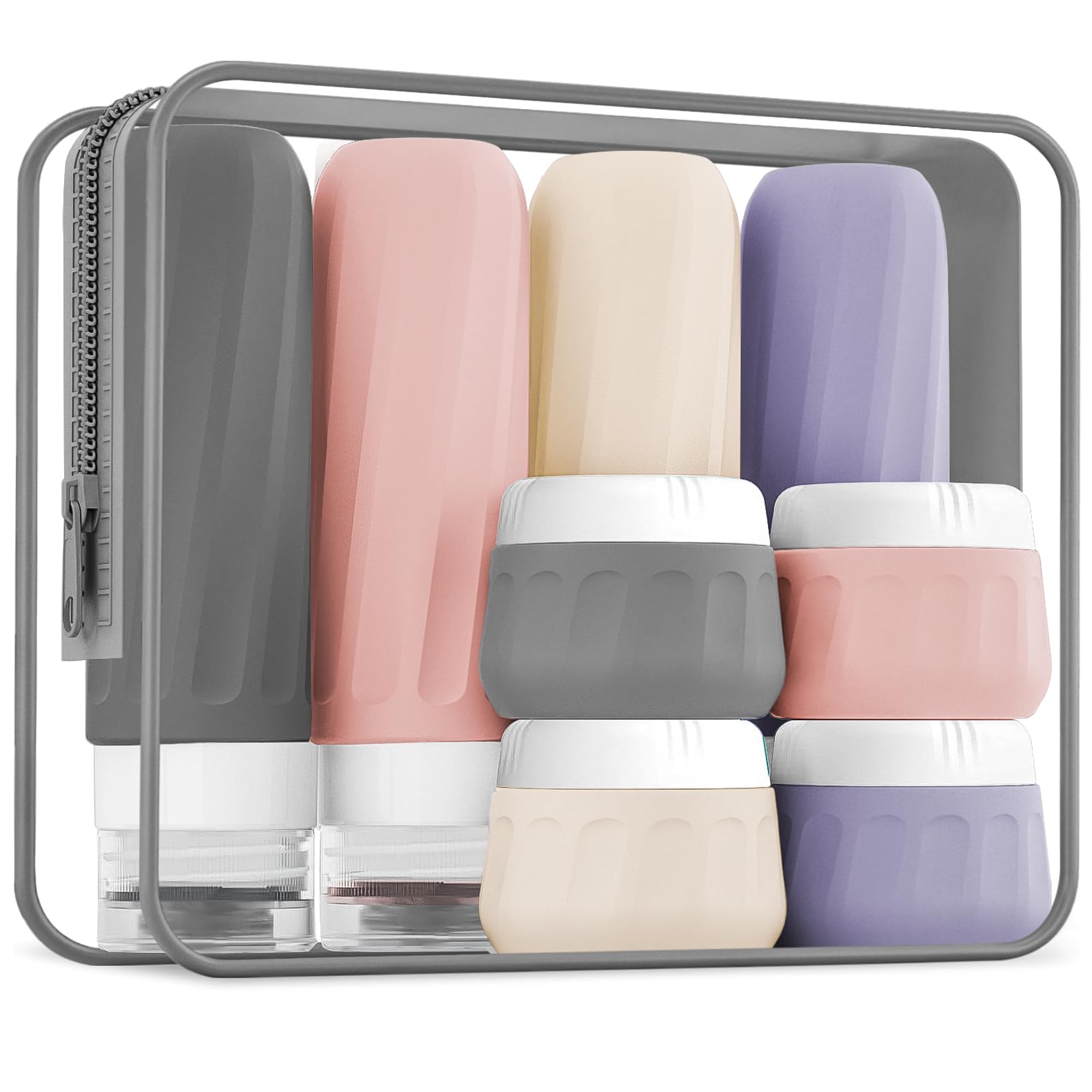 Mrsdry Travel Bottles for Toiletries 8 Pack, Travel Size Toiletries, Tsa Approved Travel Size Containers 3oz, with Travel Essentials Clear Bag, Leak Proof Silicone Squeezable Creams Jars