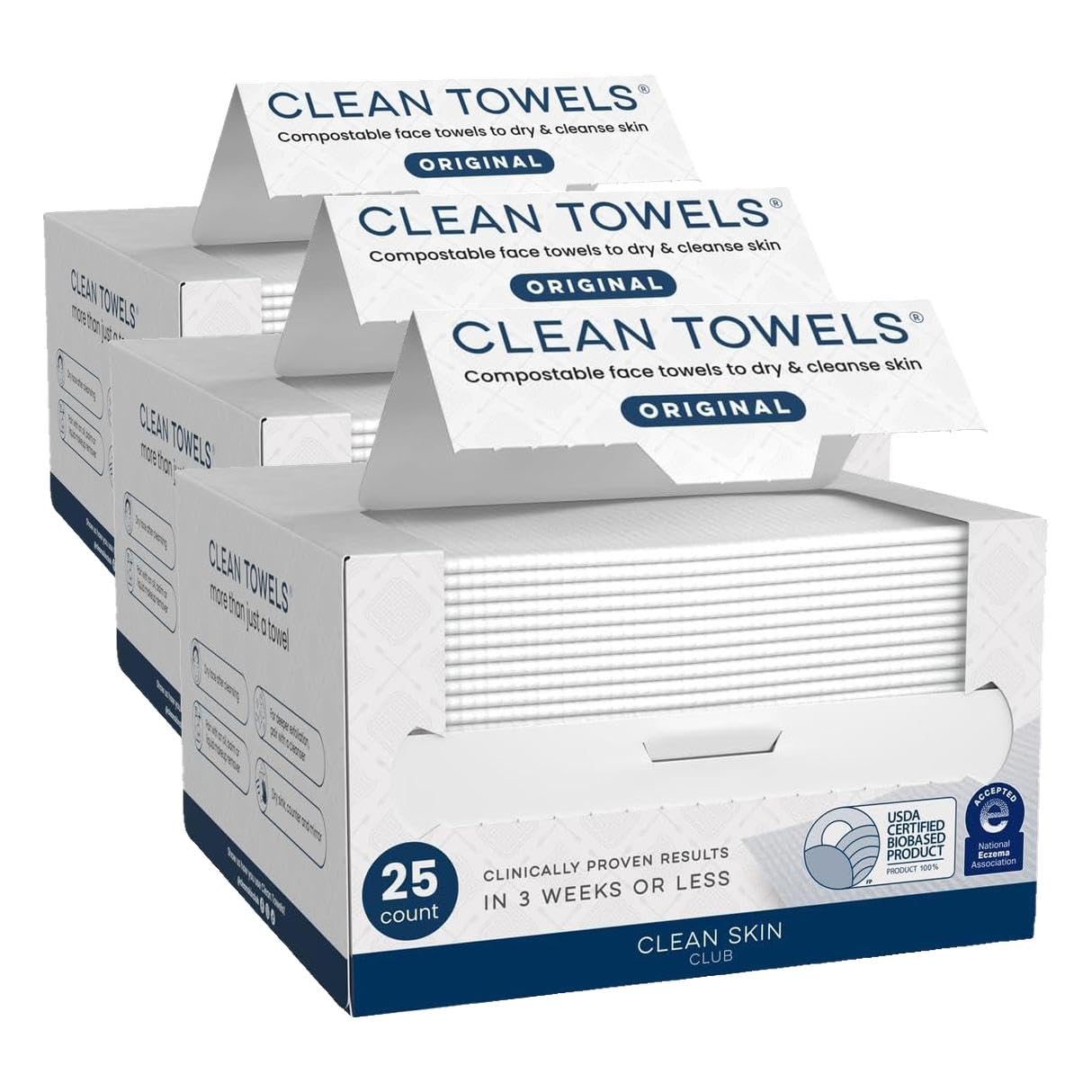 Clean Skin Club Clean Towels®, 100% USDA Biobased Face Towel, Disposable Face Towelette, Eczema Association Accepted, Makeup Remover Dry Wipes, Ultra Soft, 1 Pack, 25 Ct