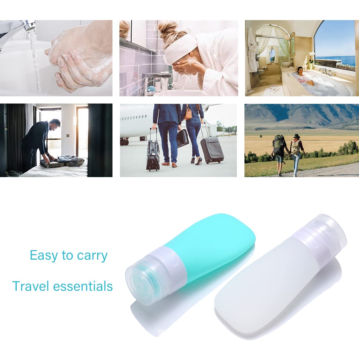 2 Pcs Silicone Travel Bottles,1.3oz Leak Proof Refillable Squeeze Containers with Transparent Carry Bag,Small Empty Travel Size Bottles for Shampoo,Conditioner,Lotion,Toiletries