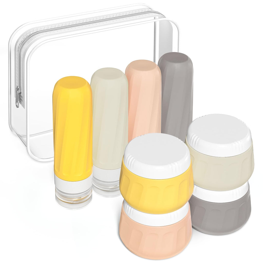 Mrsdry Travel Bottles for Toiletries 8 Pack, Travel Size Toiletries, Tsa Approved Travel Size Containers 3oz, with Travel Essentials Clear Bag, Leak Proof Silicone Squeezable Creams Jars