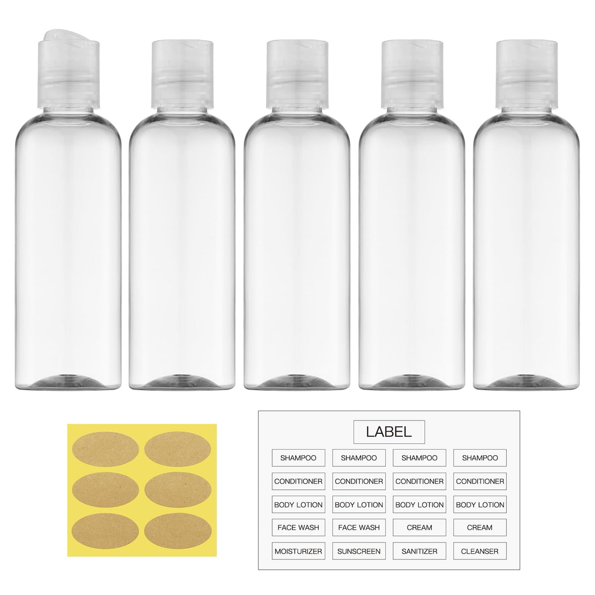Travel Bottles for Toiletries, 3.4 oz Travel Size Containers, 5pcs, Clear | Squeezable empty plastic bottles, TSA approved, leak proof, with labels, for liquids & shampoo lotion, gym essentials