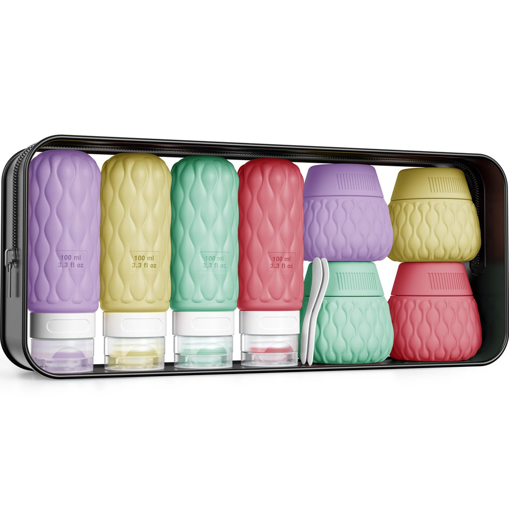 Travel Bottles for Toiletries Silicone Travel Size Containers 3.4oz 1.7oz | Travel Essentials TSA Approved Leakproof Refillable Squeeze Bottles with Labels/Clear Bag for Shampoo, Conditioner, Creams