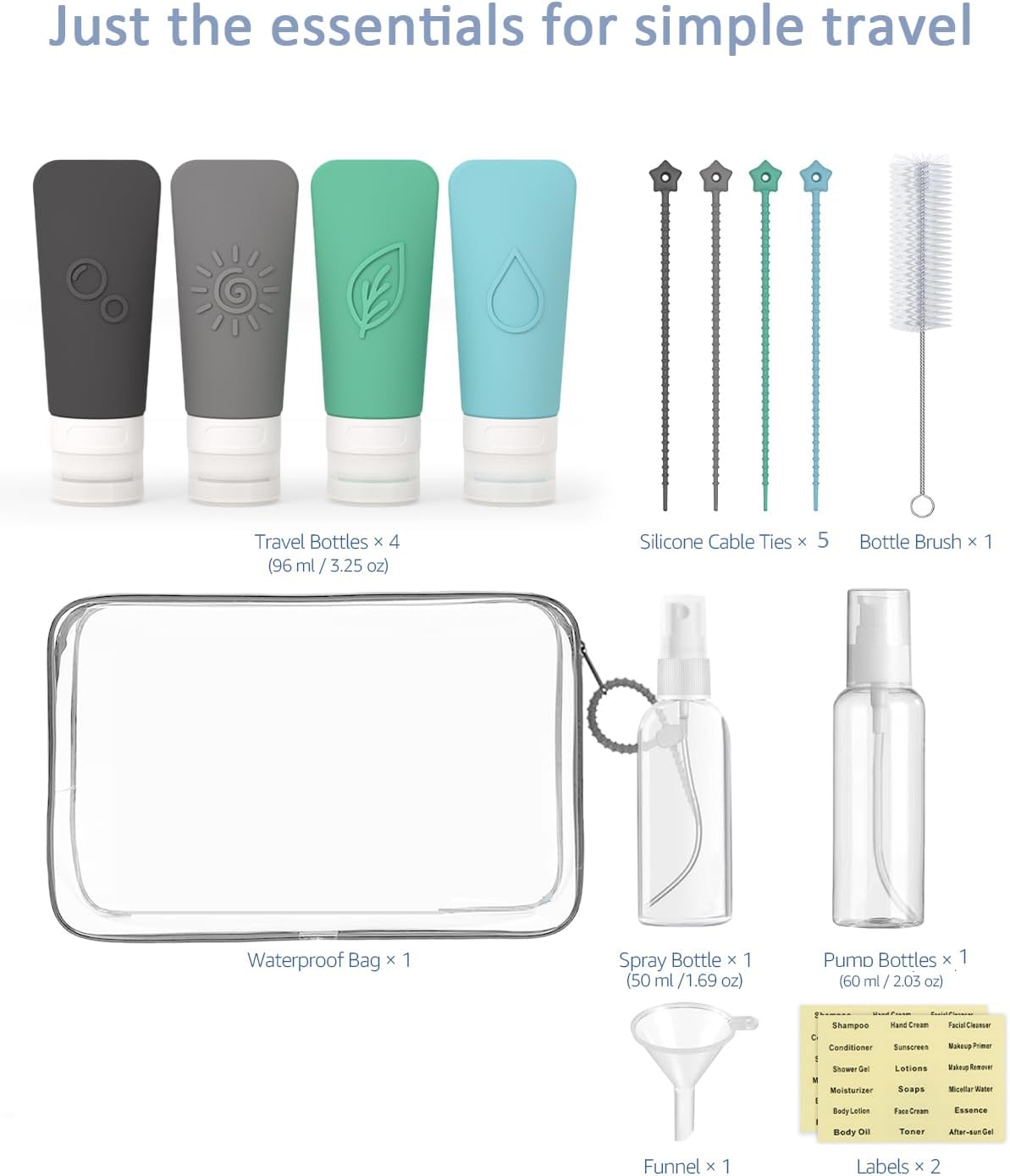 16-Piece Silicone Travel Bottles Set – TSA Approved Leakproof Toiletry Kit with Flat Easy-Squeeze Bottles, Pump & Spray, Waterproof Bag | 16-Piece Silicone Bottles Set,TSA Approved Leakproof,Easy-Squeeze Bottles,Come with Pump,Spray bottles and Waterproof