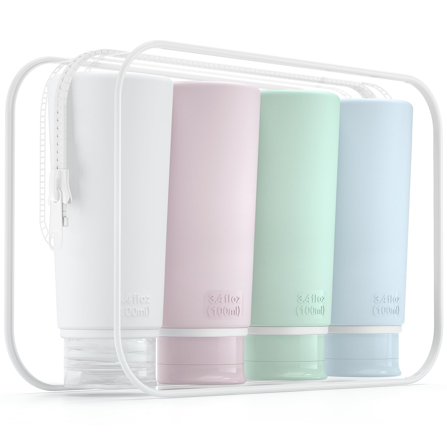 TakeToday Travel Bottles for Toiletries 3.4oz 4 Pack, TSA Leak Proof | BPA Free, Leak Guard, Clear Pouch, 4 Colors Available, for Travel and Gym