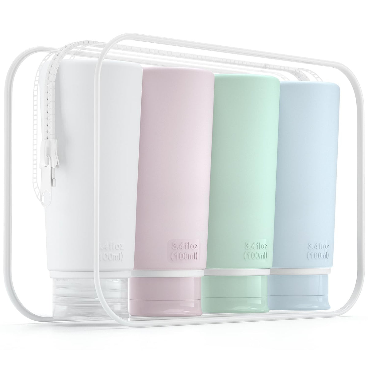 TakeToday Travel Bottles for Toiletries 3.4oz 4 Pack, TSA Leak Proof | BPA Free, Leak Guard, Clear Pouch, 4 Colors Available, for Travel and Gym