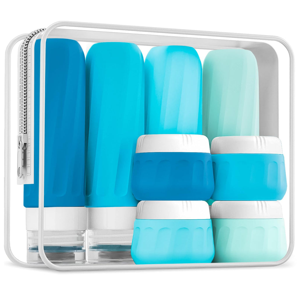 Mrsdry Travel Bottles for Toiletries 8 Pack, Travel Size Toiletries, Tsa Approved Travel Size Containers 3oz, with Travel Essentials Clear Bag, Leak Proof Silicone Squeezable Creams Jars