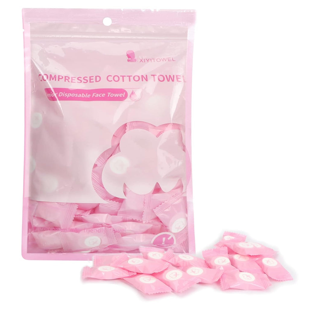 Classycoo Compressed Towels Tablets - Face Towels Disposable, Mini 100 Pack | Soft Individually Wrapped, Cotton, Expands in Seconds, Candy-Shaped, NO-Odor, Facial Washcloths Cleaning/Travel/Camping, Pink