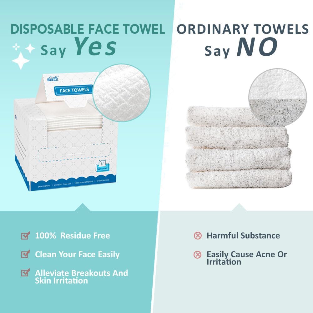 HOMEXCEL Face Towels, Disposable Face Towelette Ultra Soft & Absorbent | Biodegradable Makeup Remover Dry Wipes, Clean Facial Wash Cloth for All Skin, Lint-Free for Skincare & Cleansing, 50 Count
