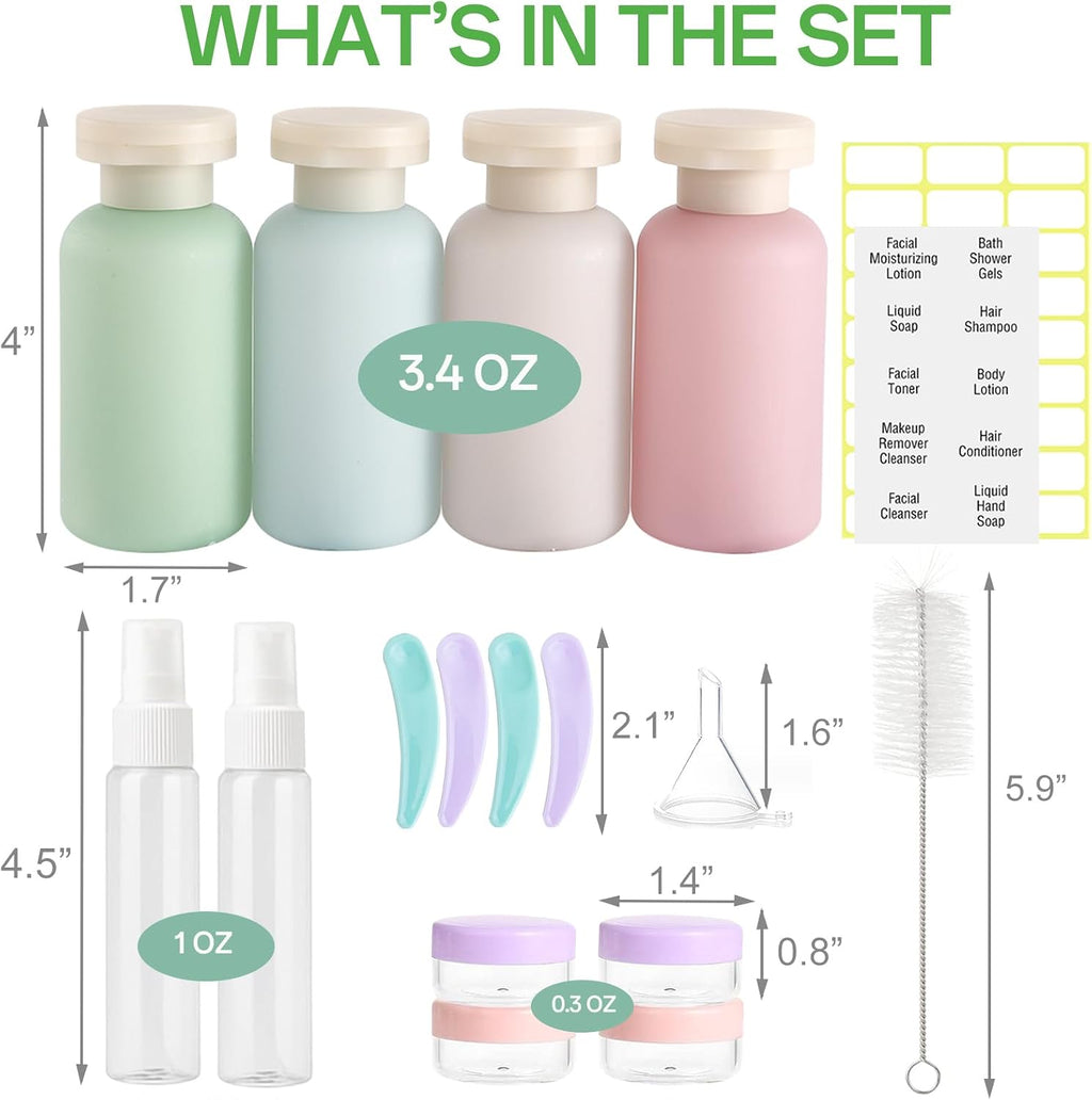 18 Pack Travel Bottles for Toiletries Leak Proof | Refillable, Plastic Travel Containers, BPA Free, Travel Essentials, for Shampoo Conditioner Lotion Liquids