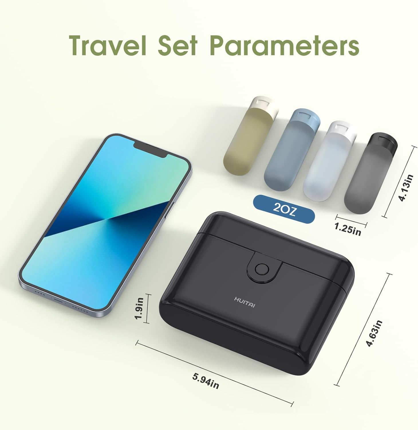 Travel Bottles TSA 4x2oz With Case Leak-Proof Black | Durable ABS hard case, press-to-unlock, 4 individual compartments, wide-mouth bottles for easy fill, leak-proof seals