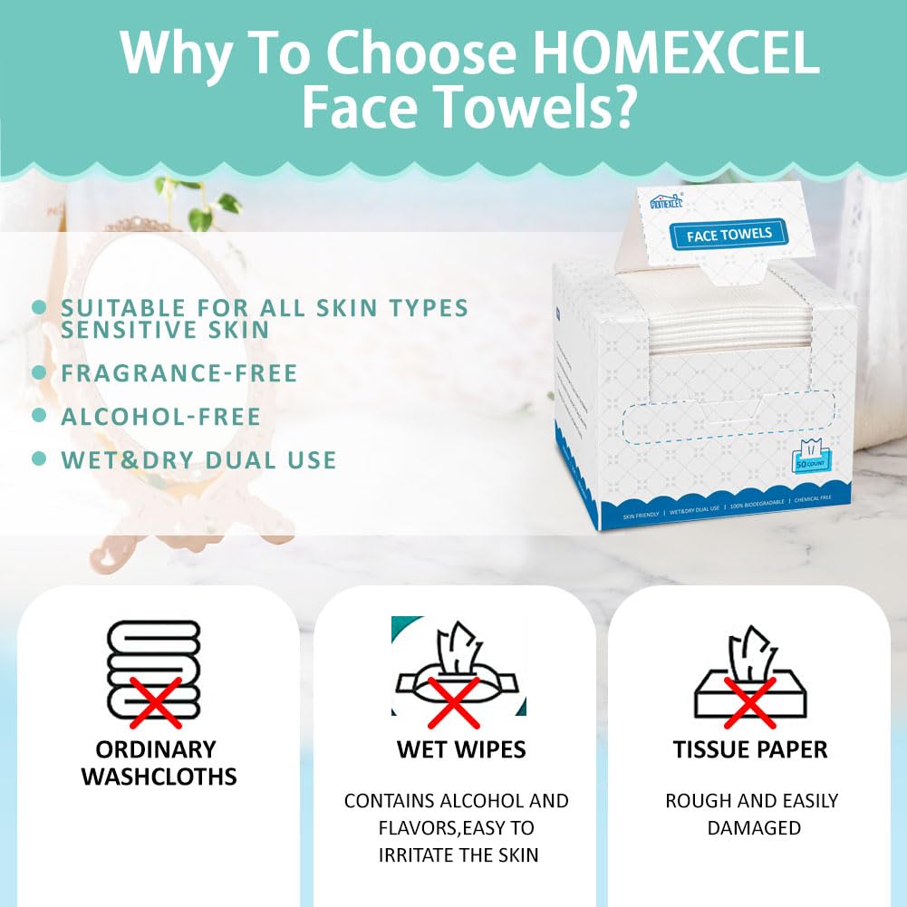 HOMEXCEL Face Towels, Disposable Face Towelette Ultra Soft & Absorbent | Biodegradable Makeup Remover Dry Wipes, Clean Facial Wash Cloth for All Skin, Lint-Free for Skincare & Cleansing, 50 Count