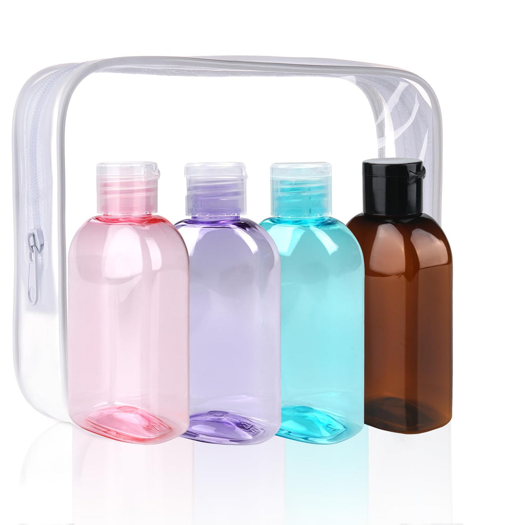 Cosywell 4 Pack 3.4 oz Preprinted Travel Bottles for Toiletries | Brown Bottles are Preprinted with SHAMPOO, CONDITIONER and BODY SOAP, One is Blank, Includes Flip Caps and a Toiletry Bag