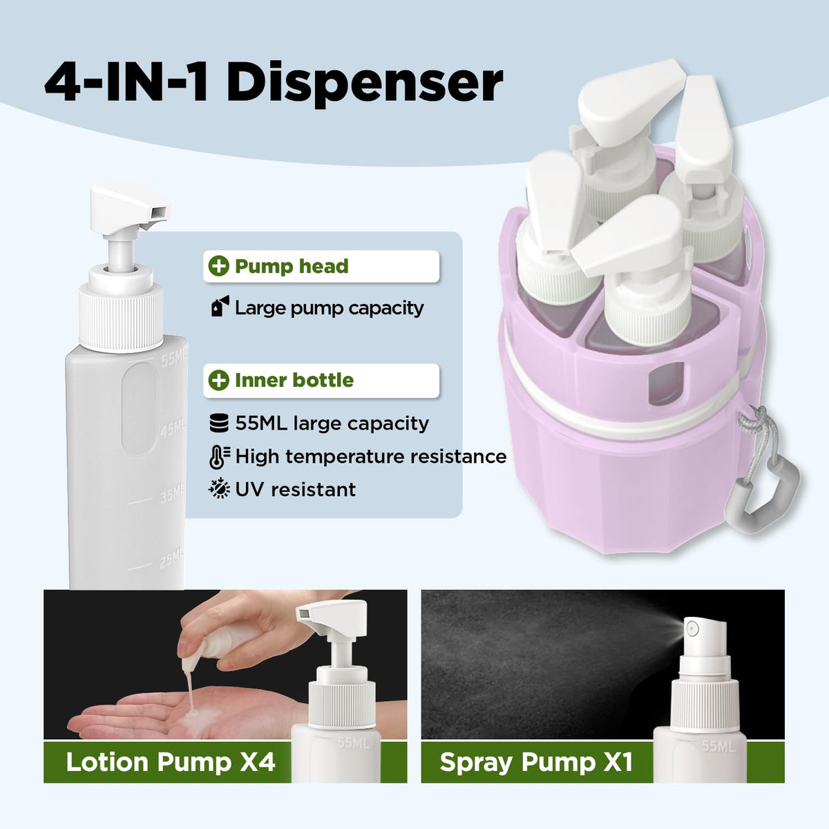 YOTIME 4in1 Travel Dispenser Bottle, TSA Approved Travel Size Containers | TSA Approved, Vacuum Suction for Smooth Walls, Leak-Proof, Ideal for Hotel, Gym, Camping, Pink
