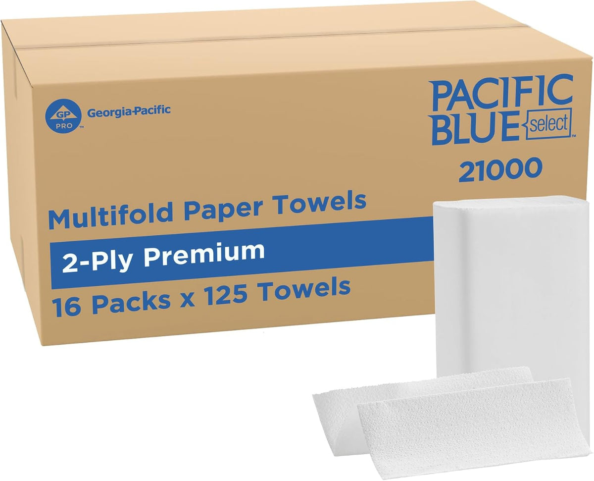 Pacific Blue Select by Georgia-Pacific PRO Multifold Premium 2-Ply Paper Towels, White, 3.2” Folded Width, 125 Towels Per Pack, 16 Packs Per Case, 21000 | 2-Ply Multi-Fold