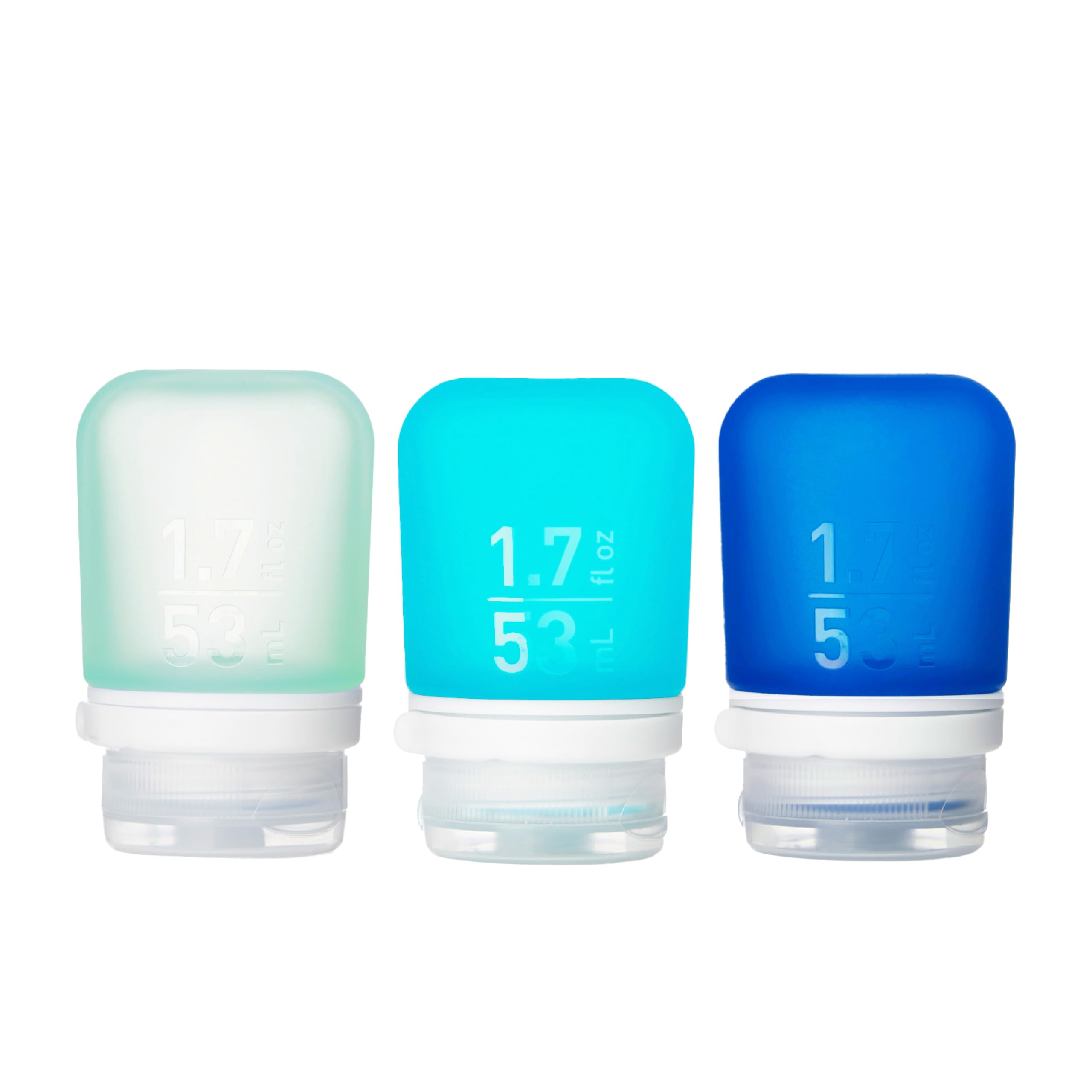 humangear GoToob+ 3-Pack, Small (1.7 fl oz), Clear/Purple/Teal | Refillable & Leak-Proof Silicone Travel Size Bottles with Locking Cap for Toiletries, Camping & TSA Carry-On