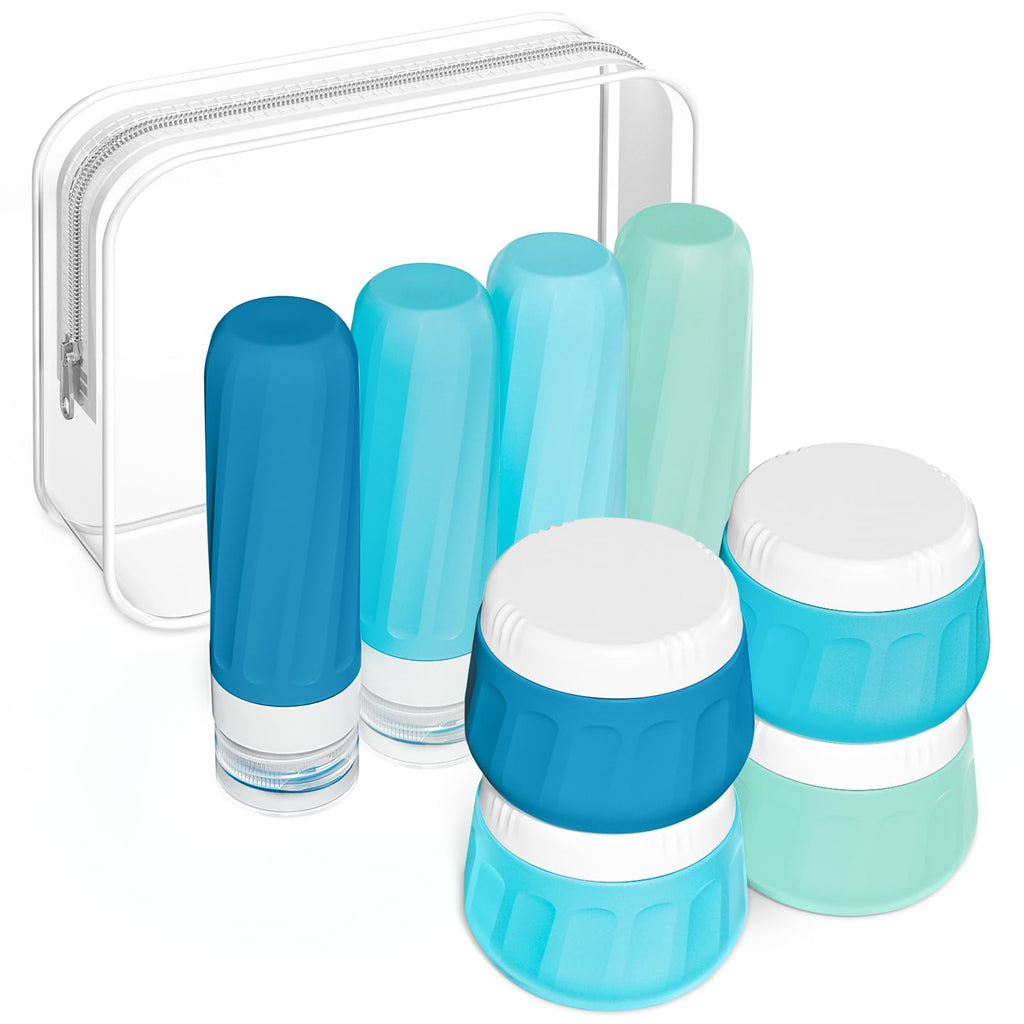 Mrsdry Travel Bottles for Toiletries 8 Pack, Travel Size Toiletries, Tsa Approved Travel Size Containers 3oz, with Travel Essentials Clear Bag, Leak Proof Silicone Squeezable Creams Jars