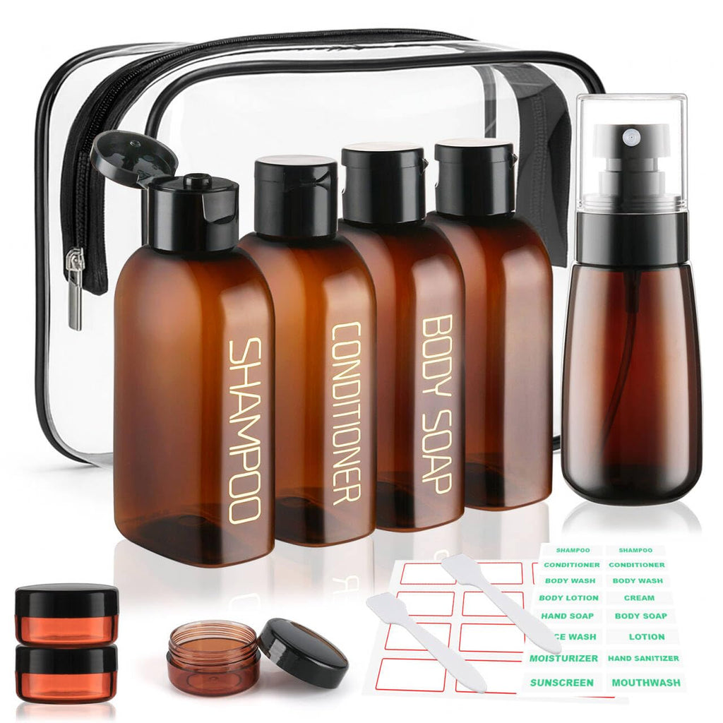 Cosywell Travel Bottles for Toiletries 9PCS 3.4oz White Shampoo Bottles | TSA Approved Travel Size Containers, 2oz Spary Bottle, Leakproof, 0.35oz Plastic Cream Jars, and a Toiletry Bag