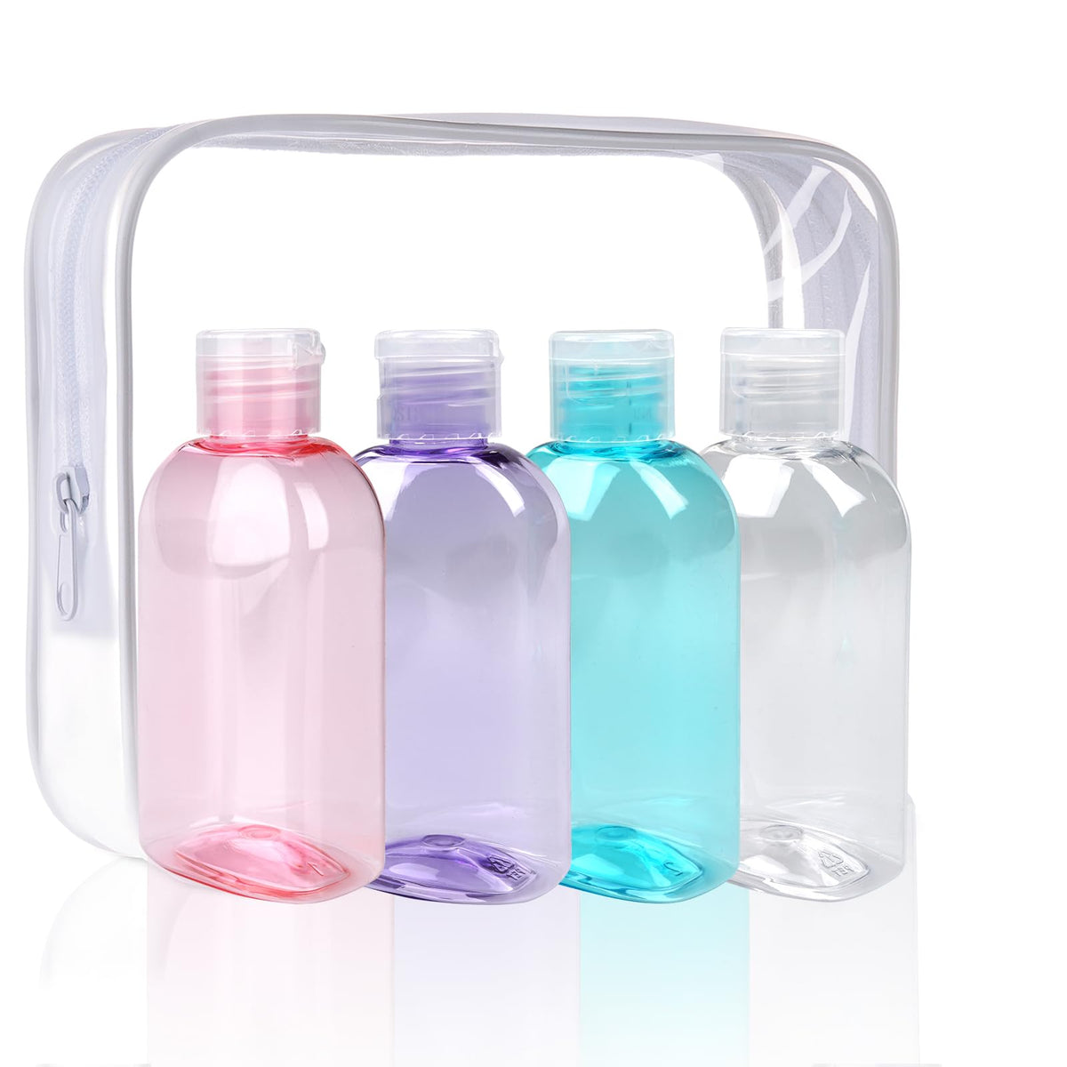 Cosywell 4 Pack 3.4 oz Preprinted Travel Bottles for Toiletries | Brown Bottles are Preprinted with SHAMPOO, CONDITIONER and BODY SOAP, One is Blank, Includes Flip Caps and a Toiletry Bag