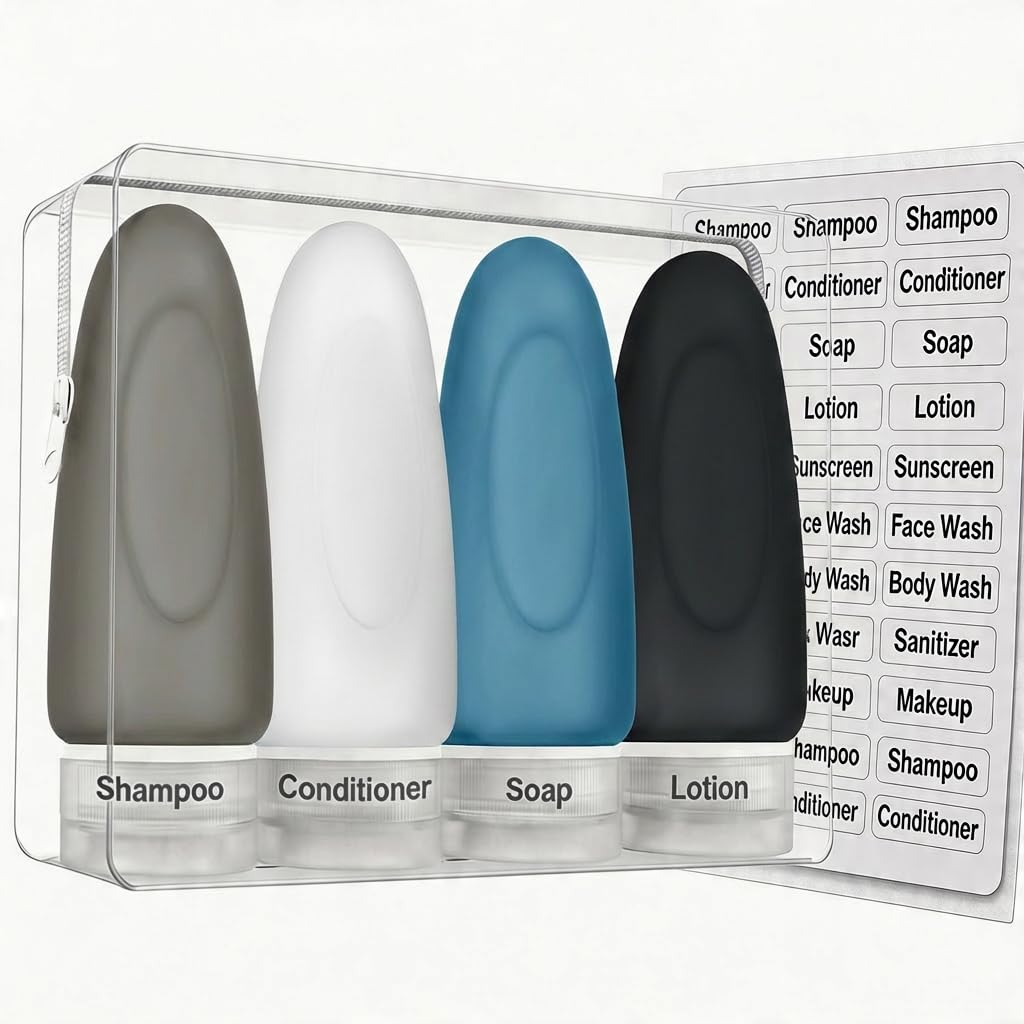 Dot&Dot Leak Proof Travel Bottles - Tubes for Liquid TSA Approved 3oz Silicone Toiletries Travel Shampoo & Conditioner Containers with Labels