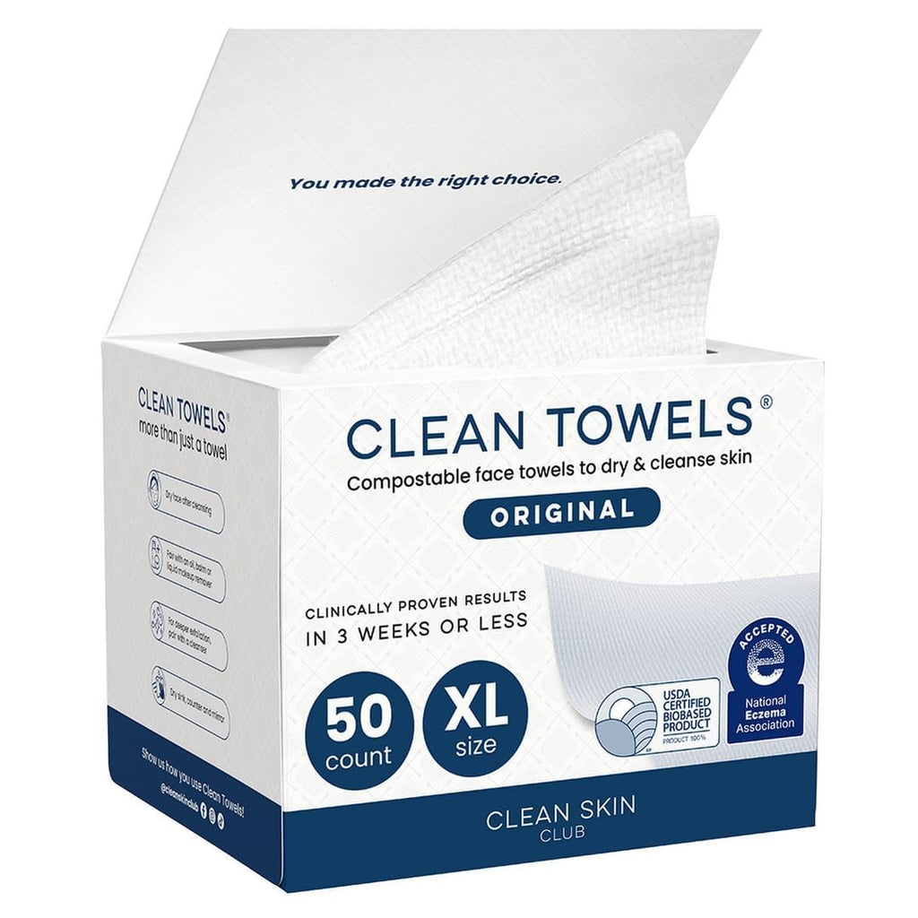 Clean Skin Club Clean Towels XL®, 100% USDA Biobased Face Towel, Disposable Face Towelette, Eczema Association Accepted, Makeup Remover Dry Wipes, Ultra Soft, 50 ct per pack, 2 Packs, 100 Ct Total