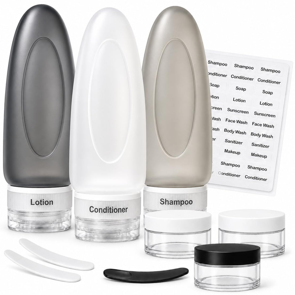 Dot&Dot Leak Proof Travel Bottles - Tubes for Liquid TSA Approved 3oz Silicone Toiletries Travel Shampoo & Conditioner Containers with Labels