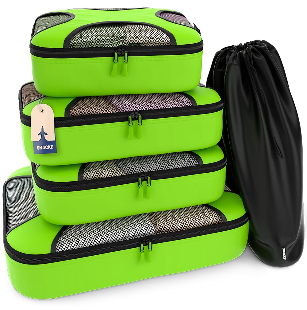 Shacke 5 Set Packing Cubes for Travel with Laundry Bag (Pure Black) | Suitcase Organizer Bags Set: 4 Water-Resistant Luggage Cubes, XL to Small, + Laundry Bag for Carry-On or Checked