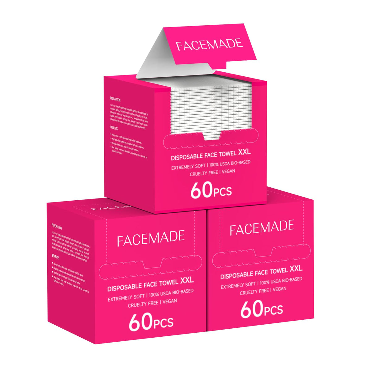FACEMADE 60 Count XXL Face Towels Disposable 12" × 12" | 20% Larger and 20% More than Others | Lint-free and Odor-free | Soft and Clean, Perfect for Sensitive Skin Types